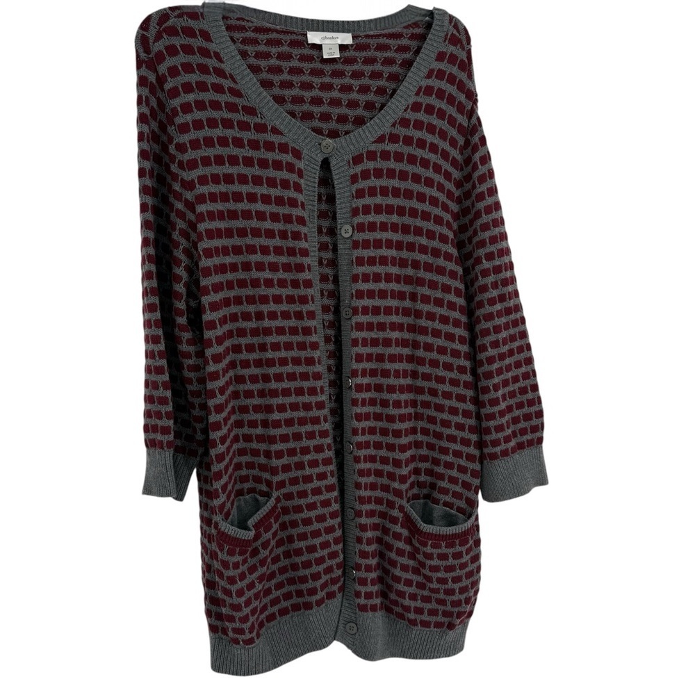 CJ Banks Size 2X Cardigan Sweater gray Maroon Button Up Pockets cotton Midweight
